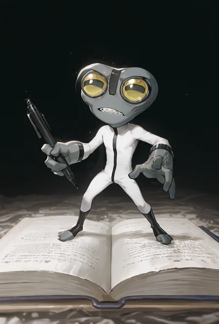 <lora:greymatter-09:1> greymatter, solo, 1boy, white bodysuit, grey skin, , small body, big hands,  , sharp teeth, big yellow eyes, big head, dynamic pose, <lora:WSSKX_WAI:1>, holding massive pen, tiny character,  book closeup, standing on a book,, masterpiece, best quality, amazing quality, very aesthetic, absurdres, newest,