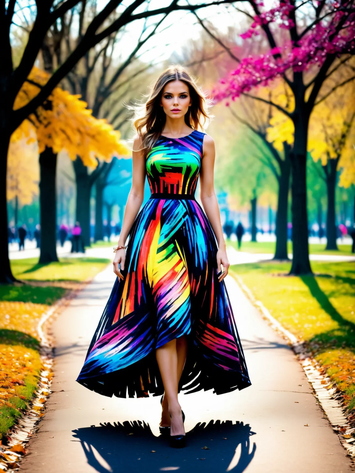 woman wearing a dress made of colorful mad-nksktch walking through park <lora:Ink_Sketch_SDXL:0.9>, (masterpiece:1.2), best quality