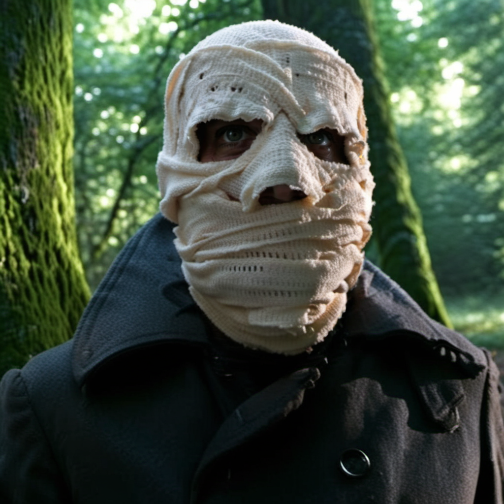 Timescrimes1024, a man head with bandages with a coat, close up face portrait, in forest, detailed eyes, highly detailed, photography, ultra sharp, film, bokeh, professional, 4k  <lora:add-detail-xl:1.5>   <lora:Timescrimes1024:0.8>