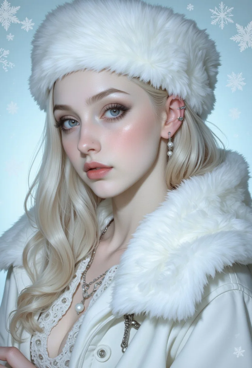 (vintagegirls:1.2) A captivating extreme closeup, head-and-shoulders portrait of a lithe ethereal woman with silvery-white hair flowing like silk around her shoulders staring at the viewer. Her pale skin glows softly against a delicate white fur coat and white fur hat. Her ice-blue eyes, framed by soft pink makeup, pearl earrings and dark eyeliner, are mesmerizing, radiating a sense of otherworldly wisdom and mystery. The background is a soft, pale blue gradient and snowflakes, evoking a wintry atmosphere filled with purity and tranquility. The lighting is gentle and even, highlighting her flawless complexion and the delicate textures of her attire. Her expression is calm and enigmatic, as though she is lost in thought or gazing into the infinite. The scene conveys an ethereal beauty, blending softness, serenity, and a hint of mysticism.