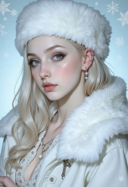 (vintagegirls:1.2) A captivating extreme closeup, head-and-shoulders portrait of a lithe ethereal woman with silvery-white hair flowing like silk around her shoulders staring at the viewer. Her pale skin glows softly against a delicate white fur coat and white fur hat. Her ice-blue eyes, framed by soft pink makeup, pearl earrings and dark eyeliner, are mesmerizing, radiating a sense of otherworldly wisdom and mystery. The background is a soft, pale blue gradient and snowflakes, evoking a wintry atmosphere filled with purity and tranquility. The lighting is gentle and even, highlighting her flawless complexion and the delicate textures of her attire. Her expression is calm and enigmatic, as though she is lost in thought or gazing into the infinite. The scene conveys an ethereal beauty, blending softness, serenity, and a hint of mysticism.