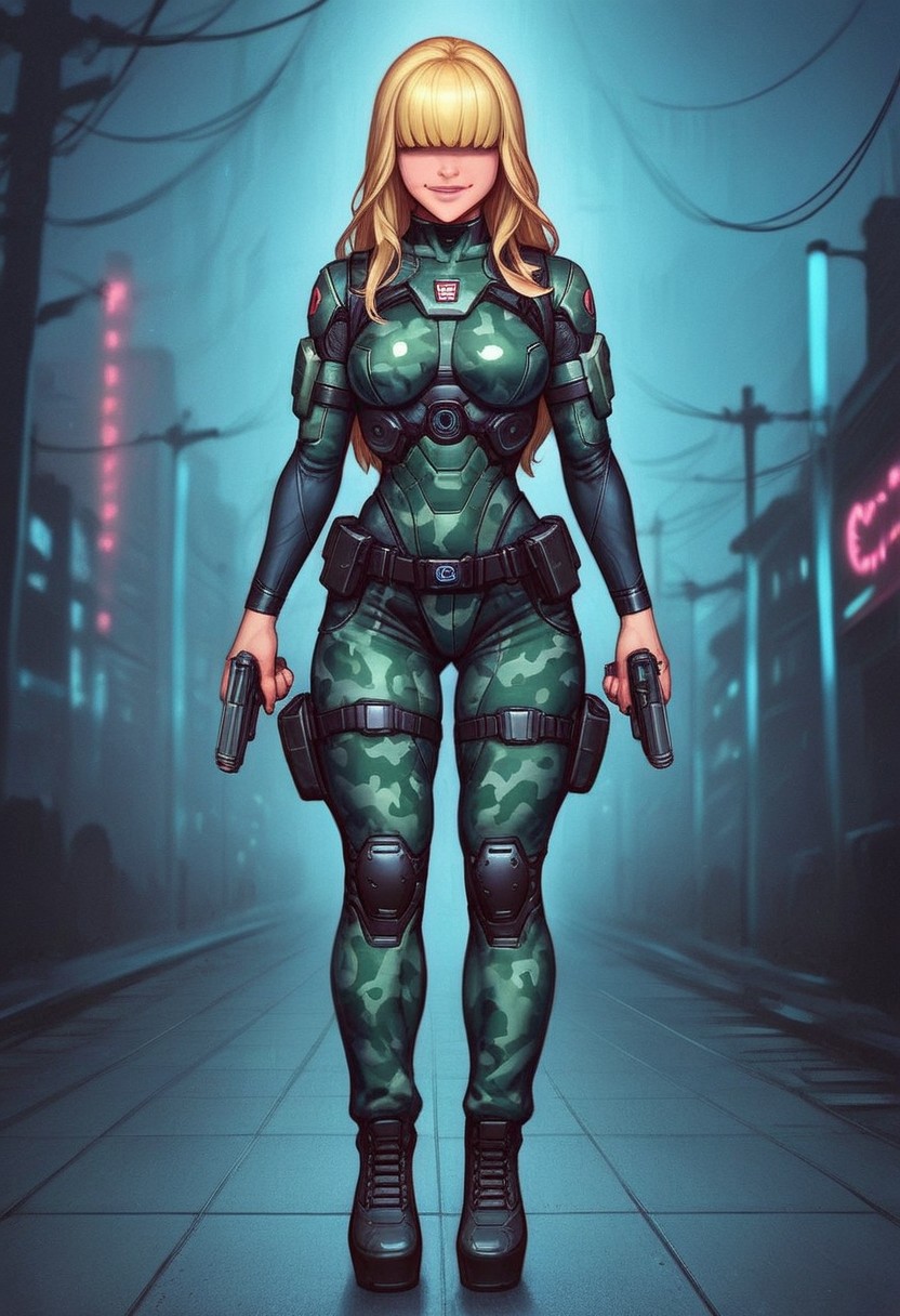 1girl, ((front view))), looking at viewer, highly detailed, from front, 1girl, skinny, looking at viewer, masterpiece, best quality,
raw, extremely detailed, hyperrealism, photo, perfect anatomy, <lora:grewishka_alita_pxl:1> source_photo, source_real, robot, cyborg, android, solo, looking at viewer, 1girl, full body, ((special force camo armor)), high heels, neon_lights, dynamic pose, pistols in hands
BREAK
fang smile, looking at viewer, long hair, ((blonde highlighting hair)), (((hair over eyes, front bangs))), long hair, dynamic pose
best quality, depth of field, bokeh, (((full clothed))), ((special force camo armor)),
BREAK
((((big futuristic gun in hands)))), (big futuristic pistol in hands:1.3), sc-fi soldier, dynamic pose, military camo armor
(((((rooftop, night city, neon lights))))) score_9, score_8_up, score_7_up, score_6_up, source_cartoon, rating_explicit, Expressiveh, (((((full body))))), dynamic pose