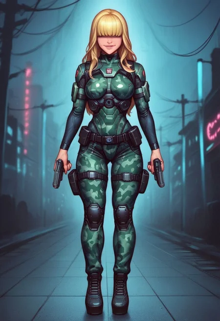 1girl, ((front view))), looking at viewer, highly detailed, from front, 1girl, skinny, looking at viewer, masterpiece, best quality,
raw, extremely detailed, hyperrealism, photo, perfect anatomy, <lora:grewishka_alita_pxl:1> source_photo, source_real, robot, cyborg, android, solo, looking at viewer, 1girl, full body, ((special force camo armor)), high heels, neon_lights, dynamic pose, pistols in hands
BREAK
fang smile, looking at viewer, long hair, ((blonde highlighting hair)), (((hair over eyes, front bangs))), long hair, dynamic pose
best quality, depth of field, bokeh, (((full clothed))), ((special force camo armor)),
BREAK
((((big futuristic gun in hands)))), (big futuristic pistol in hands:1.3), sc-fi soldier, dynamic pose, military camo armor
(((((rooftop, night city, neon lights))))) score_9, score_8_up, score_7_up, score_6_up, source_cartoon, rating_explicit, Expressiveh, (((((full body))))), dynamic pose
