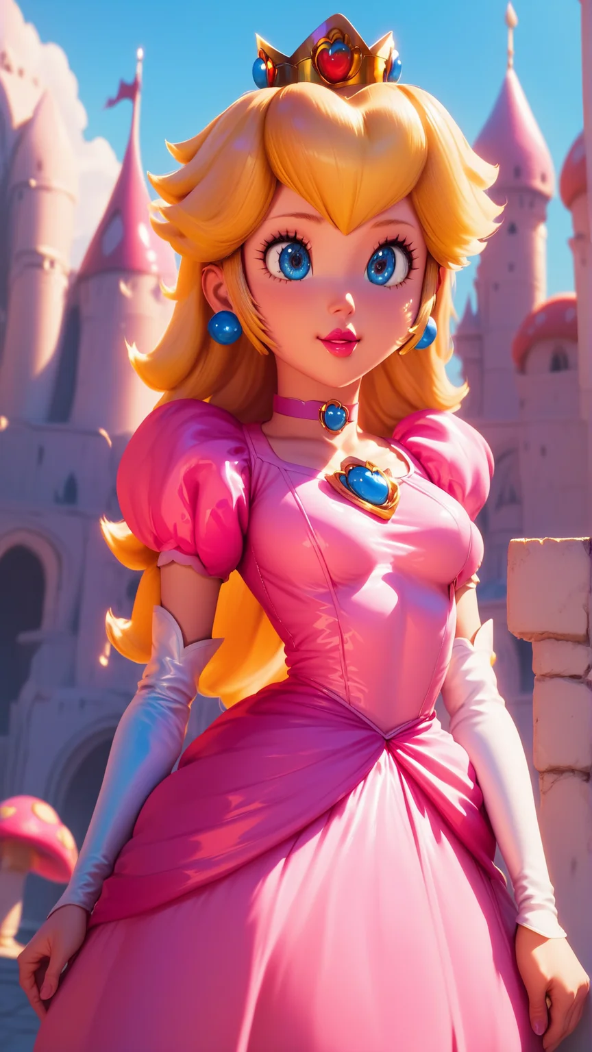 score_9,score_8_up,score_7_up,score_6_up,score_5_up,score_4_up BREAK skinny,choker,medium breasts,detached sleeves,princess peach,pink dress,castle,outside,bloom,<lora:Princess_Peach_Shiny_Style_V2:0.9>,