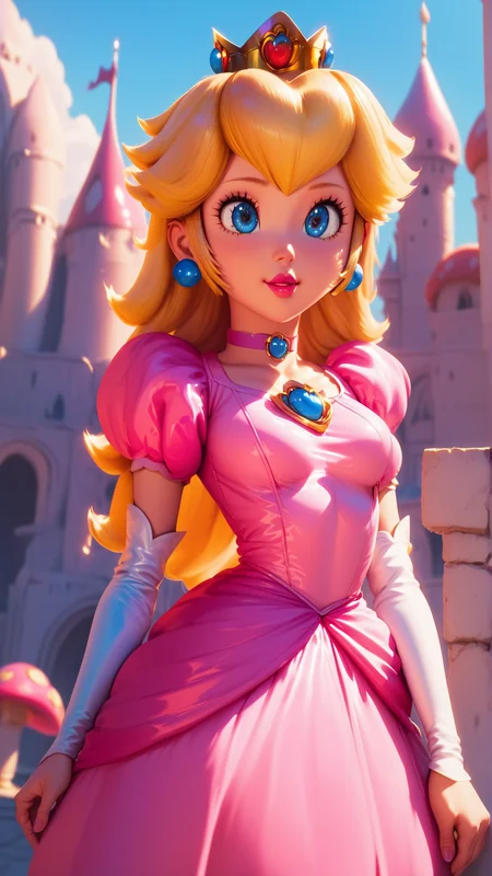 score_9,score_8_up,score_7_up,score_6_up,score_5_up,score_4_up BREAK skinny,choker,medium breasts,detached sleeves,princess peach,pink dress,castle,outside,bloom,<lora:Princess_Peach_Shiny_Style_V2:0.9>,