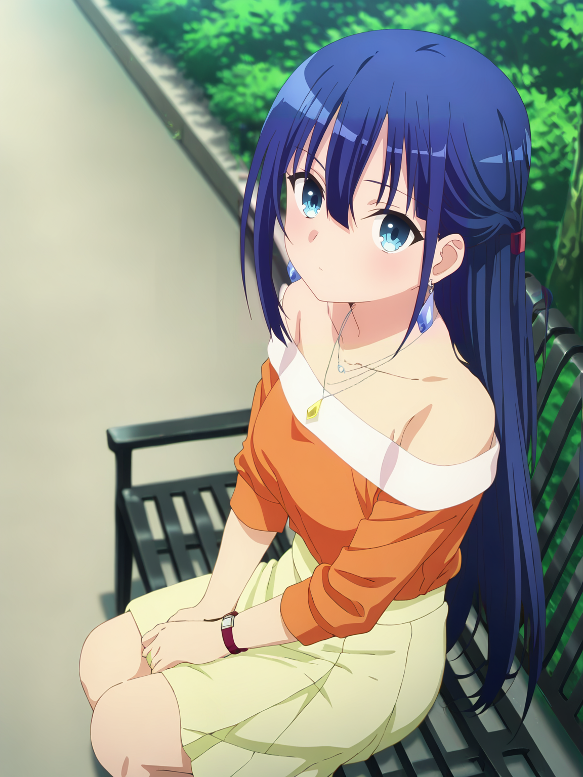 <lora:Ayano_Yugiri_Character:0.8>ayano_yugiri, 1girl, solo, blue eyes, blue hair, very long hair, half updo, crystal earrings, silver necklace, yellow pendant, off-shoulder orange shirt, yellow skirt, wristwatch, looking at viewer, sitting on bench, from above, full body, cropped legs, resting hands