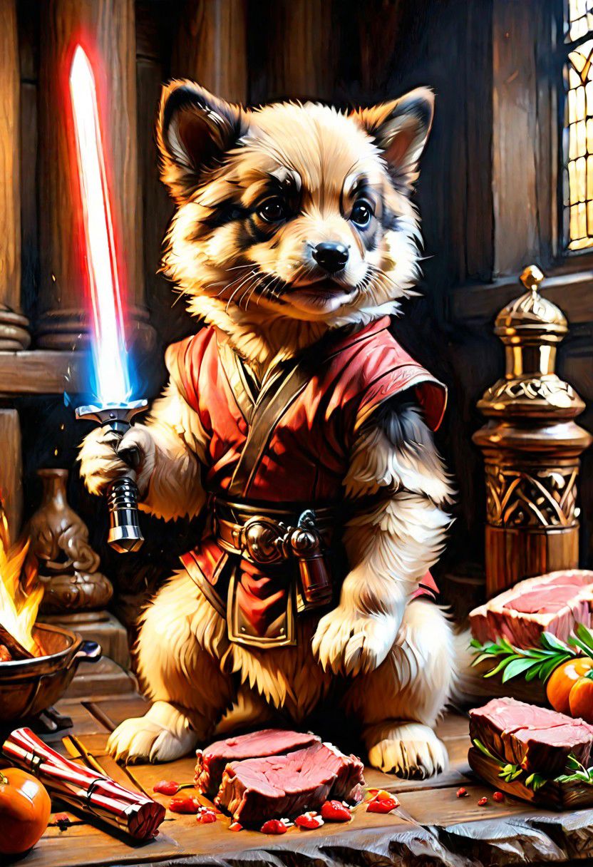 puppy wolverine Obi-Wan, grilling beef on light saber, 
Oil Painting, 
(Renaissance Paintings, Renaissance style, beautiful, painterly, detailed, textural, artistic),  (((intricate details, highly detailed, ultra-detailed, absurdres))), (unreal engine, octane rendering, Anti-Aliasing, sharp focus, natural lighting, high saturation, high contrast, vivid, vibrant, studio lighting, best texture quality), beautiful detailed scenery,
Style-Renaissance