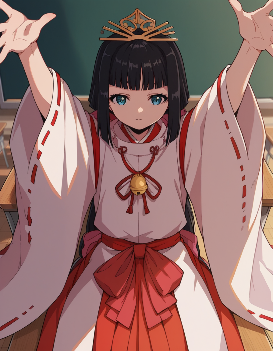 score_9, score_8_up, score_7_up, source_anime, <lora:nigewaka-shizuku-s1-ponyxl-lora-nochekaiser:1>, shizuku, long hair, bangs, blue eyes, black hair, blunt bangs,, japanese clothes, bell, miko, skirt, long sleeves, ribbon, wide sleeves, red ribbon, ribbon trim, hakama, hakama skirt, jingle bell, ribbon-trimmed sleeves, miko, red hakama,, classroom, chalkboard, day time, studying, sitting, chair, desk,, , , on back, arm support, arms up, incoming hug, pov, reaching, reaching towards viewer,, solo,, cowboy shot, dutch angle