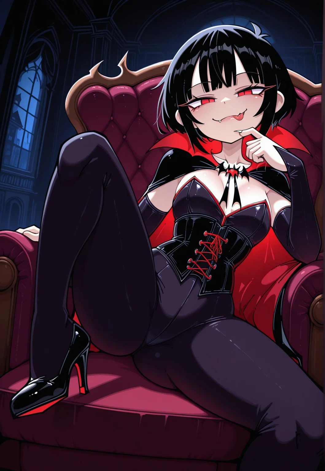 masterpiece, best quality, 1girl, solo, Funset, wearing Jedvmp, vampire outfit, cape, corset, black high heels, black hair, red eyes, hime haircut, fangs, indoors, mansion, dark background, armchair, sitting, spread legs, one leg up, smug, licking lips, finger on chin