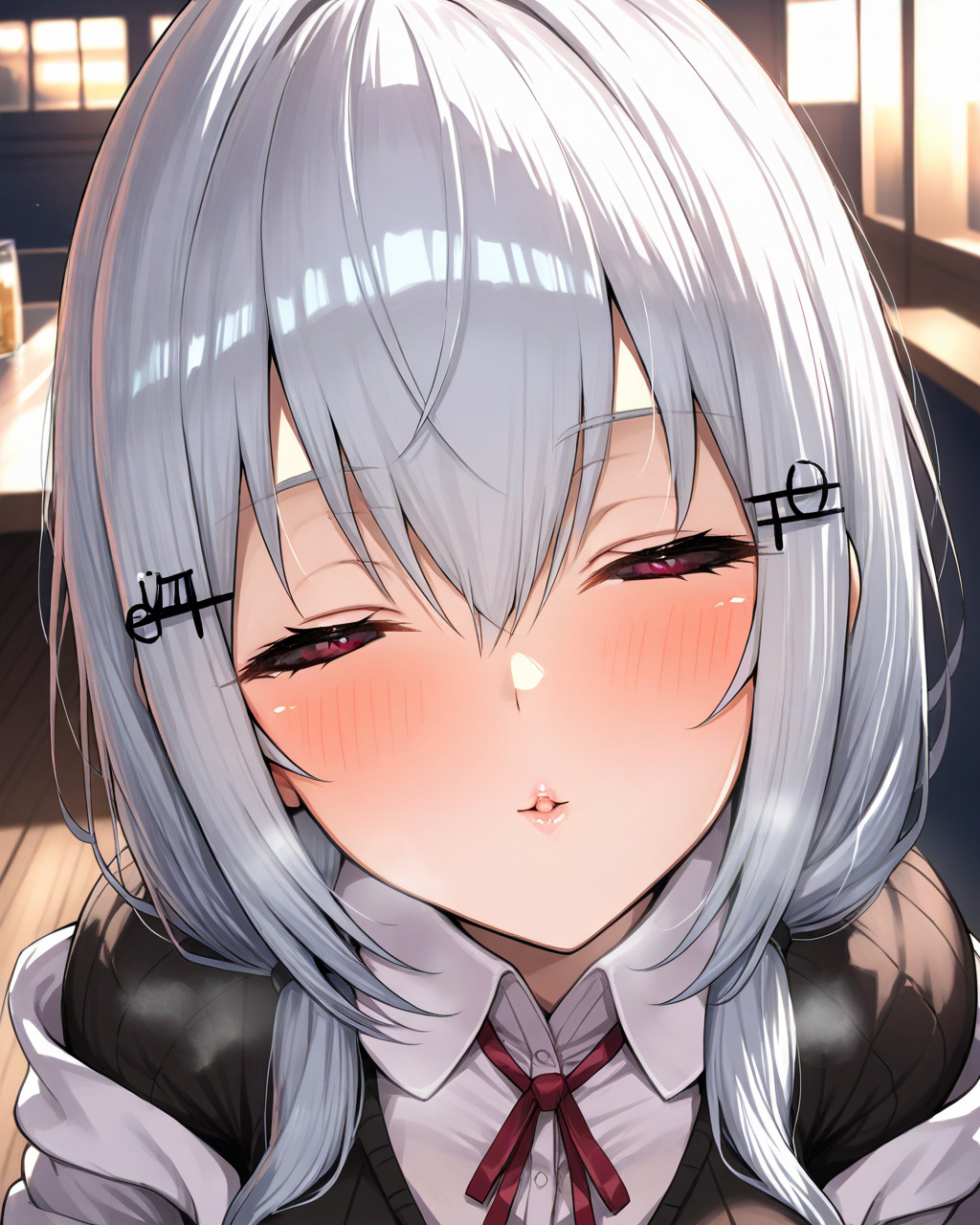 1girl, 1boy,
HakaseFuyukiNijisanji,
sensitive, close-up,
hairclip,
closed eyes,
looking at viewer, head tilt, light smile,
hetero, dating, spread arms, hug, incoming kiss, lips,
white gloves, 
white jacket, off shoulder,
black sweater, collared shirt,
neck ribbon,
soft lighting,
depth of field,
<lora:kp_HakaseFuyukiNijisanji1stCostumeAnimagineXL_v1_1:1.0>,
masterpiece, high score, great score, absurdres