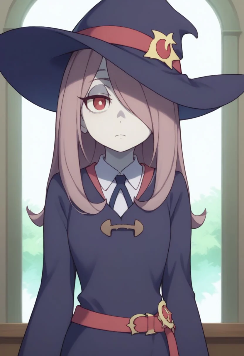 score_9, score_8_up, source_anime, highly detailed, 1girl, solo,
sucy, 1girl, hat, solo, witch hat, pale skin, red eyes, hair over one eye, long hair, witch, luna nova school uniform, upper body, school uniform, belt, pink hair,
indoor,