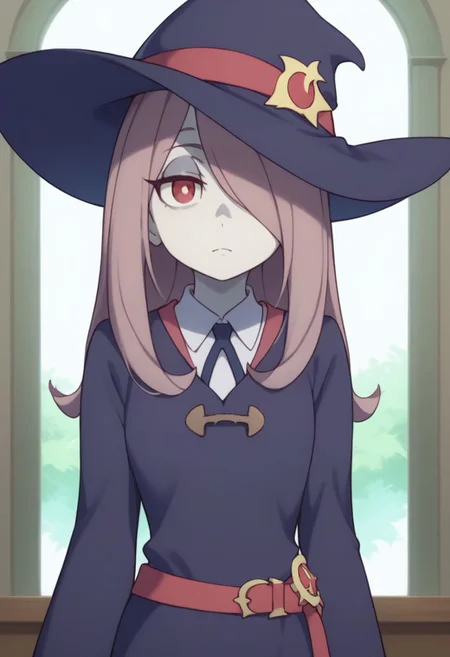 score_9, score_8_up, source_anime, highly detailed, 1girl, solo,
sucy, 1girl, hat, solo, witch hat, pale skin, red eyes, hair over one eye, long hair, witch, luna nova school uniform, upper body, school uniform, belt, pink hair,
indoor,