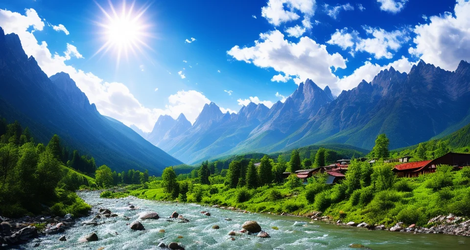 detailed background, masterpiece, best quality, scenery, mountains, river, forest, sun, day, clouds