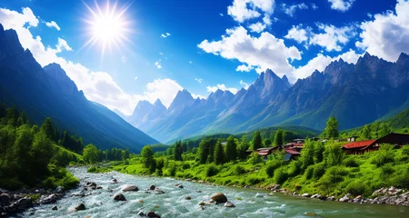 detailed background, masterpiece, best quality, scenery, mountains, river, forest, sun, day, clouds