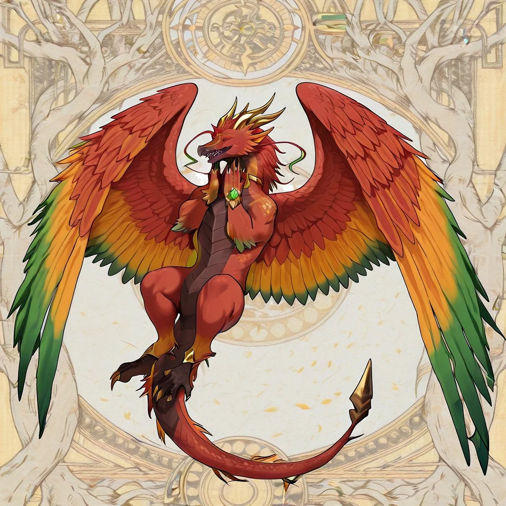 f33lsg00d, hands on own face, closed eyes, parted lips, light smile,, Yharon, golden horns, tail, dragon, bird, claws, no human, 4 eyes, feathered wings, talons, sharp teeth, intricate wing details, red and gold scales, glowing emerald eyes, large fiery wings with orange and green feathers