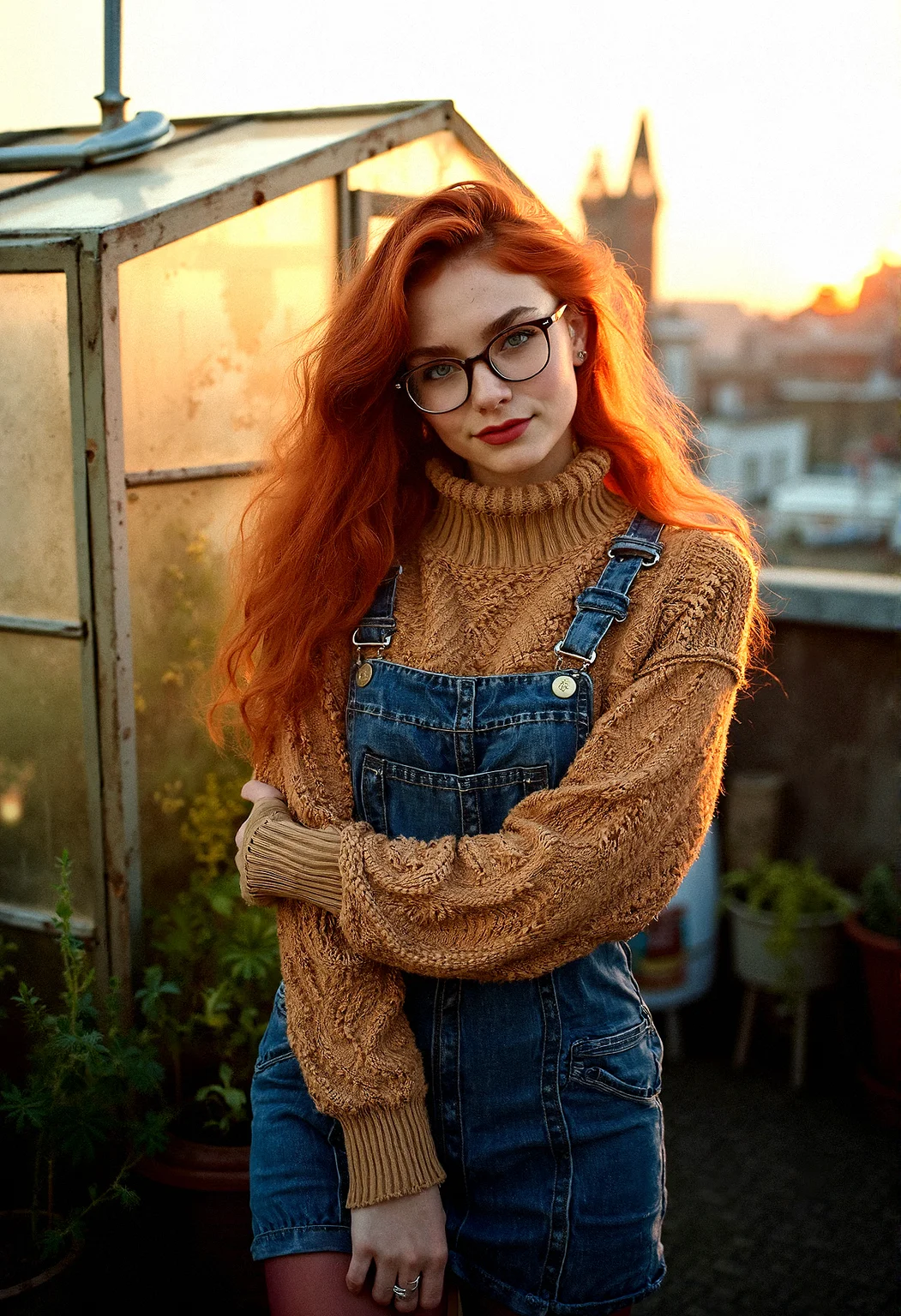 Portrait of a stunning 18-year-old woman with ginger hair, bright aqua eyes, subtle freckles, thick eyebrows, and trendy glasses giving her a nerdy appearance.A delicate chain attached to her glasses, allowing them to hang around her neck when not in use.
A roll-neck sweater layered under a pinafore dress, paired with tights and lace-up boots for a retro nerdy look.
A small, glass greenhouse filled with plants is situated on one side of the rooftop. The setting sun casts a warm glow through the glass, creating a serene, nature-meets-city atmosphere.
Arms crossed, leaning back slightly with a casual but confident smile, as if surveying the scene.