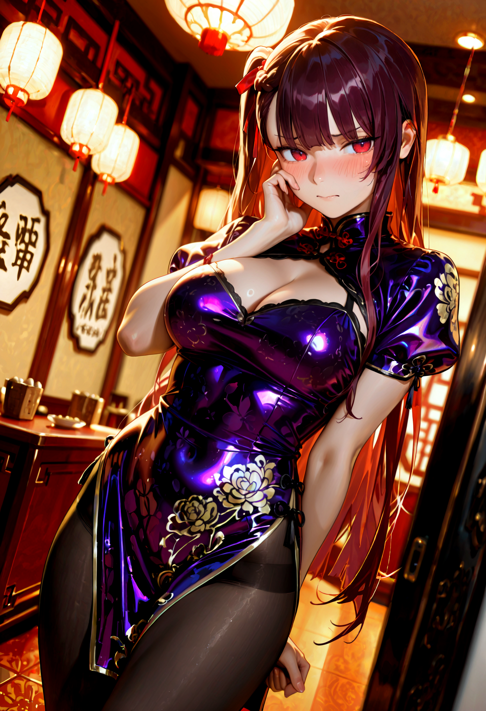 wa2000 \(girls' frontline\), chinese dress, silk dress, purple dress, embroidery, puffy short sleeves, black pantyhose, fingernails, blush, hand on own face, embarrassed, looking aside, chinese restaurant, BREAK masterpiece, best quality, very aesthetic, absurdres, newest, dutch angle, perspective, dark, shadow, high contrast, backlighting, photorealistic, <lora:Detailer\cfg_scale_boost:0.7>