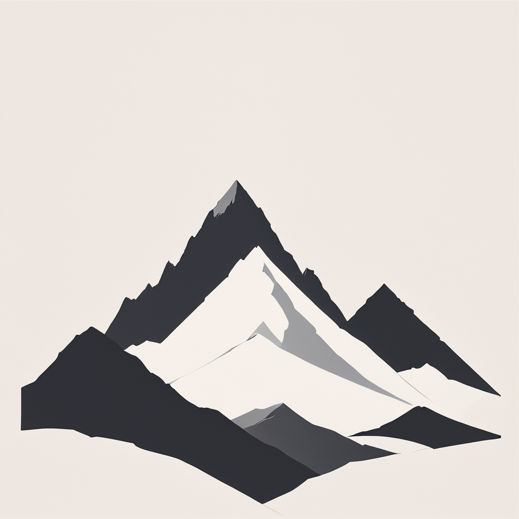 Minimalist Vector Art, ArsMJStyle, A black and white minimalist illustration of a mountain range with sharp, angular peaks. The background is a flat white, giving the mountains a dramatic, isolated feel. The overall mood is stark and majestic. mountains, landscape, silhouette, monochrome, greyscale, nature, simple background, white background.  <lora:Minimalist_vector_artSDXL:1>