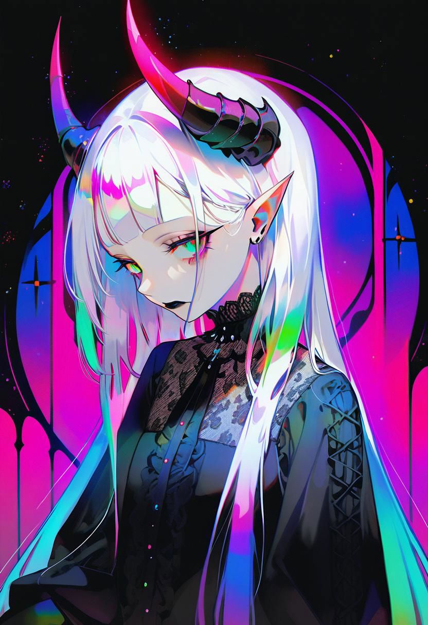 pale demon girl , prismatic coloring, holographic vibe, chromatic black lace blouse, gothic background, (long straight horns:1.2)
