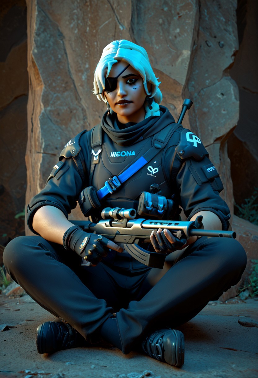 score_9, score_8_up, score_7_up Ana overwatch sitting looking at viewer all geared up unform pointing a sniper
