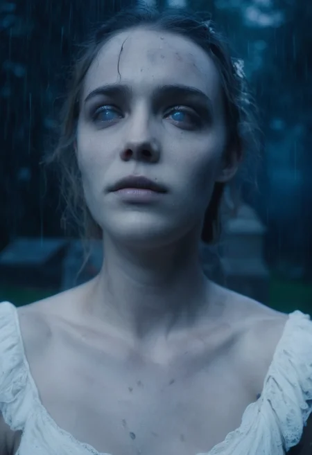 cinematic film still close-up of a deathly pale young woman in a dirty white dress standing on a cemetery crying, rainy night dark, milky blue eyes <lora:corpse:1>