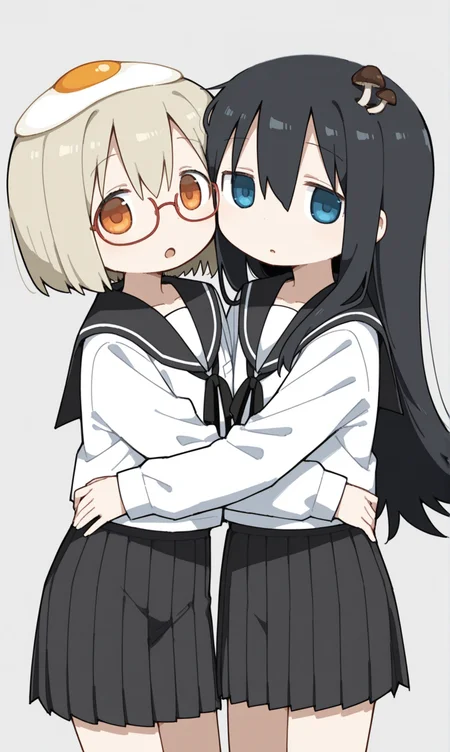 2girls, black hair, blue eyes, long hair, black sailor collar, tsukishima shijima, mushroom on head, pleated skirt, long sleeves, duo, tsukumizu yuu, miniskirt, expressionless, :o, BREAK yamashita majime, blond, egg on head, red-framed eyewear, school uniform, orange eyes, black sailor collar, hug, looking at viewer, peace sign