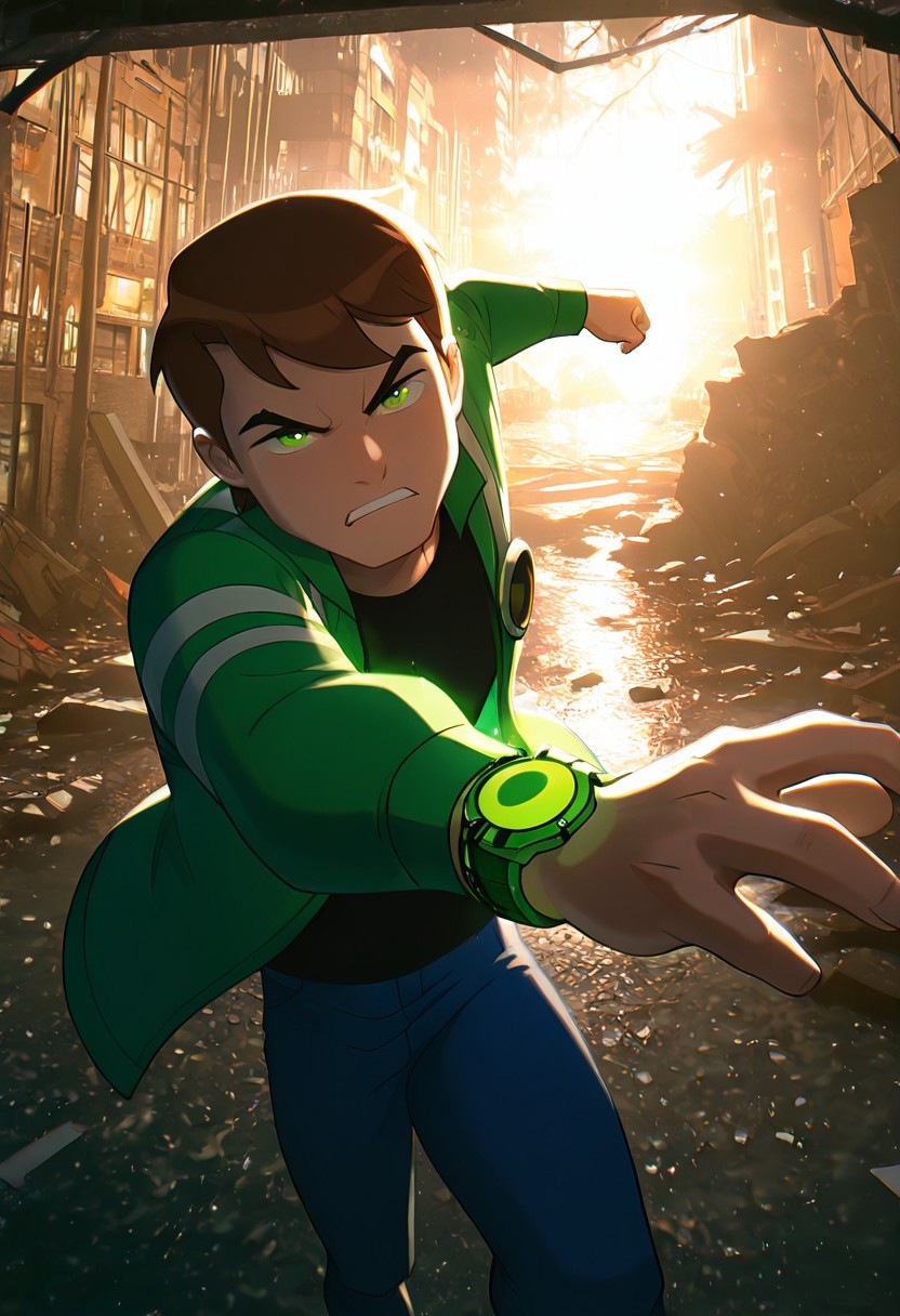 masterpiece, best quality, amazing quality, very aesthetic, absurdres, newest, detailed background,
solo, benuaf,  1boy, , open jacket, black shirt, long sleeves, thick eyebrows,  angry,, wide face, wide head, 
1boy, short hair,, brown hair, green jacket, blue pants, green eyes, green watch, 
destroyed city, glowing watch, watch glow, dynamic pose, 
 re4lity_sync_illu, foreshortening, scenery, photo background, dim_lighting,hot_palette,soft light