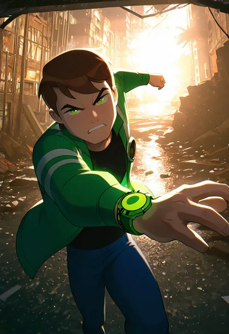 masterpiece, best quality, amazing quality, very aesthetic, absurdres, newest, detailed background,
solo, benuaf, 1boy, , open jacket, black shirt, long sleeves, thick eyebrows, angry,, wide face, wide head,
1boy, short hair,, brown hair, green jacket, blue pants, green eyes, green watch,
destroyed city, glowing watch, watch glow, dynamic pose,
re4lity_sync_illu, foreshortening, scenery, photo background, dim_lighting,hot_palette,soft light
