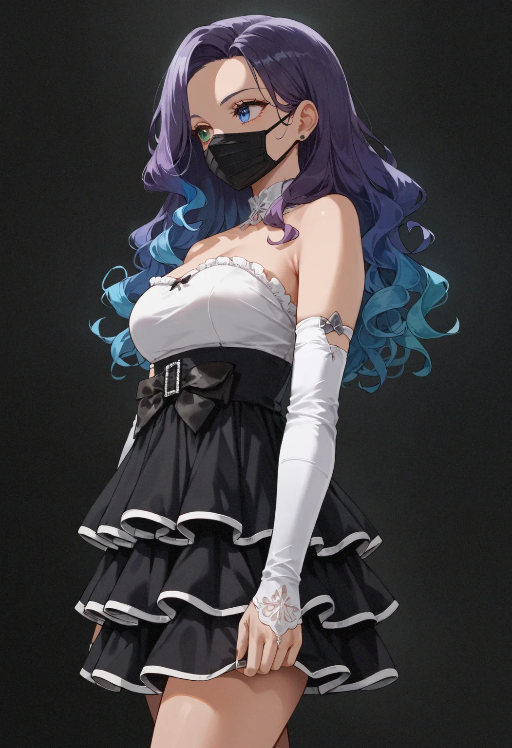 score_9,score_8_up,score_7_up,score_6_up,masterpiece,best quality,amazing quality,very aesthetic,high resolution,ultra-detailed,absurdres,dark background,1girl,standing,looking_to_the_side,blue eye,green eye,heterochromia,blue hair,purple hair,two-tone hair,gradient hair,long curly hair,black face mask,medium breasts,high-waist skirt,frilled skirt,pleated skirt,white trim,black skirt,bare shoulders,white top,strapless dress,detached sleeves,elbow gloves,white gloves,black bow,<lora:MyTrainings\Temp\White_Top_Black_Frilled_Skirt_Pony_Pony_ARZUMATA\White_Top_Black_Frilled_Skirt_Pony_Pony_ARZUMATA.safetensors:0.7>