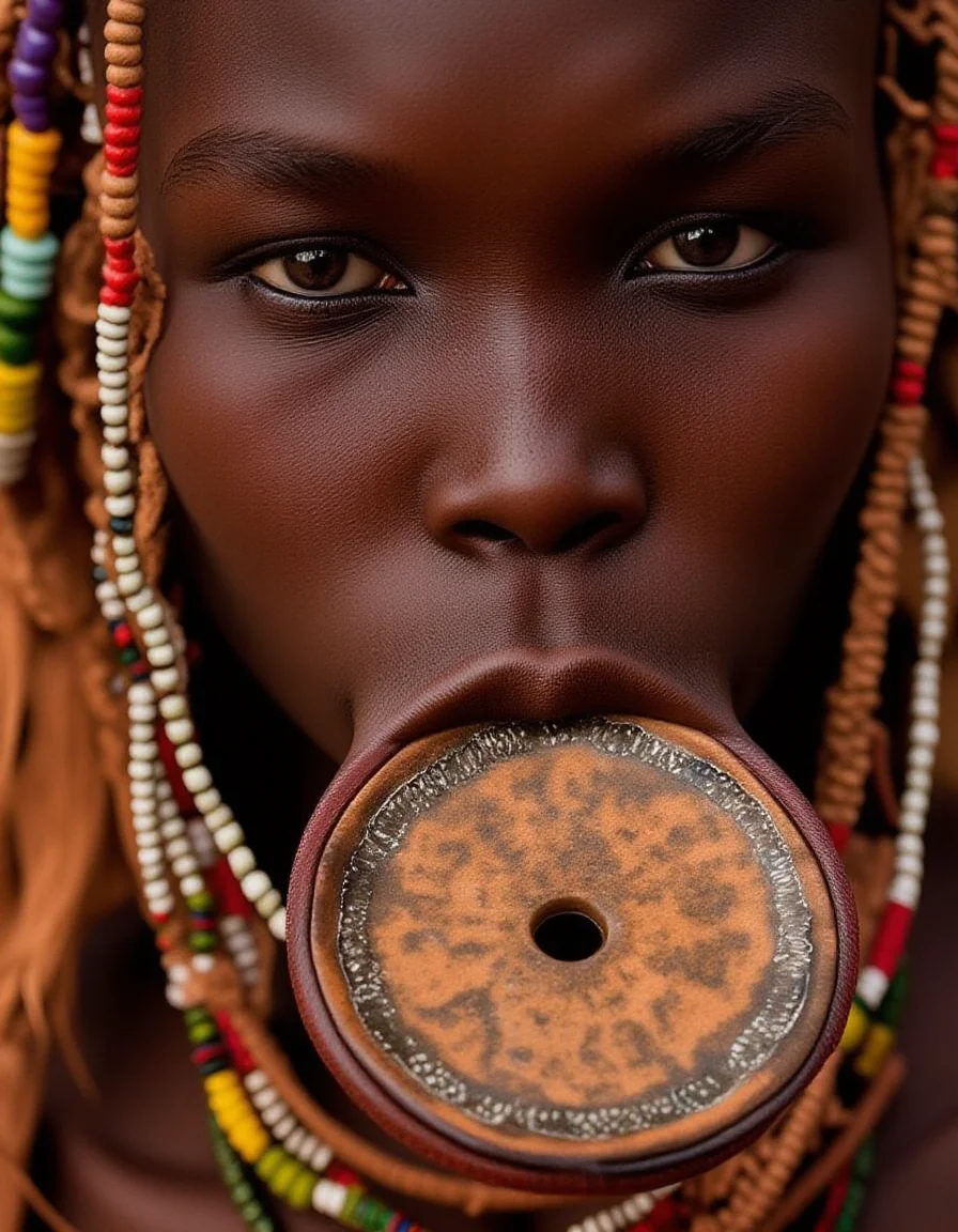 a Murs1 woman, showcasing her distinct facial features and traditional adornments. Her skin is a rich, deep brown, with high, prominent cheekbones and a broad, flat nose, emphasizing her striking natural beauty. Her piercing gaze exudes strength and wisdom, a reflection of her cultural resilience. Her ears are adorned with intricately designed wooden or clay plugs, extending her earlobes in traditional style. Around her neck are multiple layers of carefully hand-strung, colorful beaded necklaces, each bead telling a story of heritage and identity. Her hair is styled in short, tight braids coated with organic mud and natural pigments in earthy ochre tones. The iconic large ceramic lip plate (dhebi a tugoin) accentuates her appearance, decorated with fine hand-painted patterns symbolizing Murs1 artistry. Every detail, from her facial features to her traditional jewelry, is rendered in highly realistic textures and vibrant detail, capturing the essence of her identity within the cultural context.
<lora:mursi:1>
<lora:style_of_Miles_Aldridge_FLUX_154:1> style of miles aldridge, beautiful light set up, dynamic range lighting, RAW candid cinema, 16mm, color graded portra 400 film, remarkable color, ultra realistic, textured skin, remarkable detailed pupils, realistic dull skin noise, visible skin detail, skin fuzz, dry skin, shot with cinematic camera