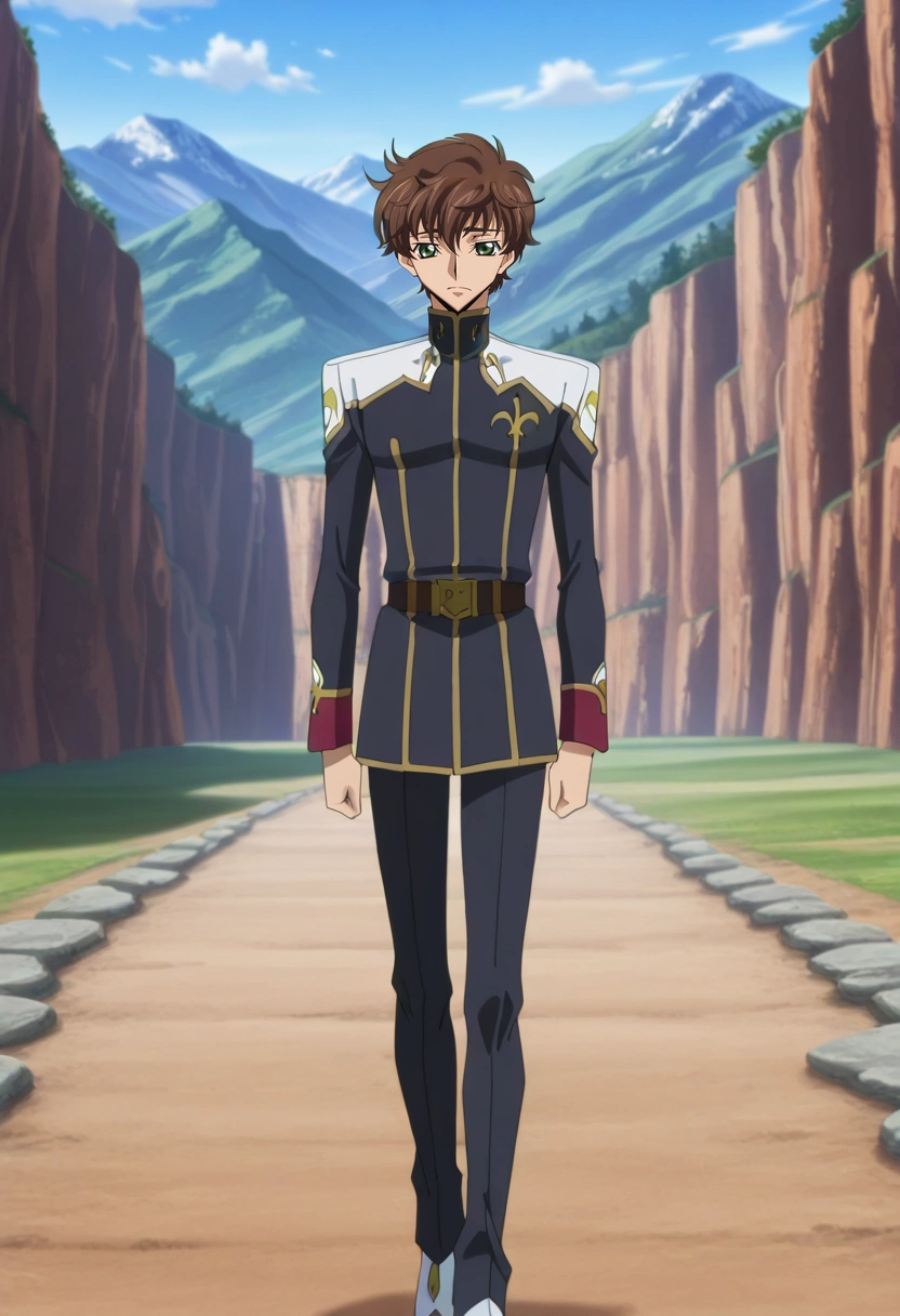 masterpiece, best quality, , anime screencap, anime coloring, official style, , 1boy, solo, male focus, <lora:suzaku_kururugi_ilxl:0.94>, suzaku_kururugi, brown hair, green eyes, uniform, Great Wall of China, mountain path, ancient stone, overlooking valley, walking pose, contemplative expression, misty morning, zombie hunter costume