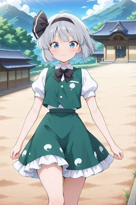 absurdres, highres, masterpiece, best quality, amazing quality, official anime artwork, screencap, anime screencap, outdoors, looking at viewer, dynamic pose,
<lora:Youmu-Konpaku_IllustriousV2:1> konpaku youmu, 1girl, solo, blue eyes, grey hair, short hair,, black hairband, hair bow, black bow, black bowtie, white shirt, collared shirt, puffy short sleeves, green vest, green skirt, frilled skirt, white socks,