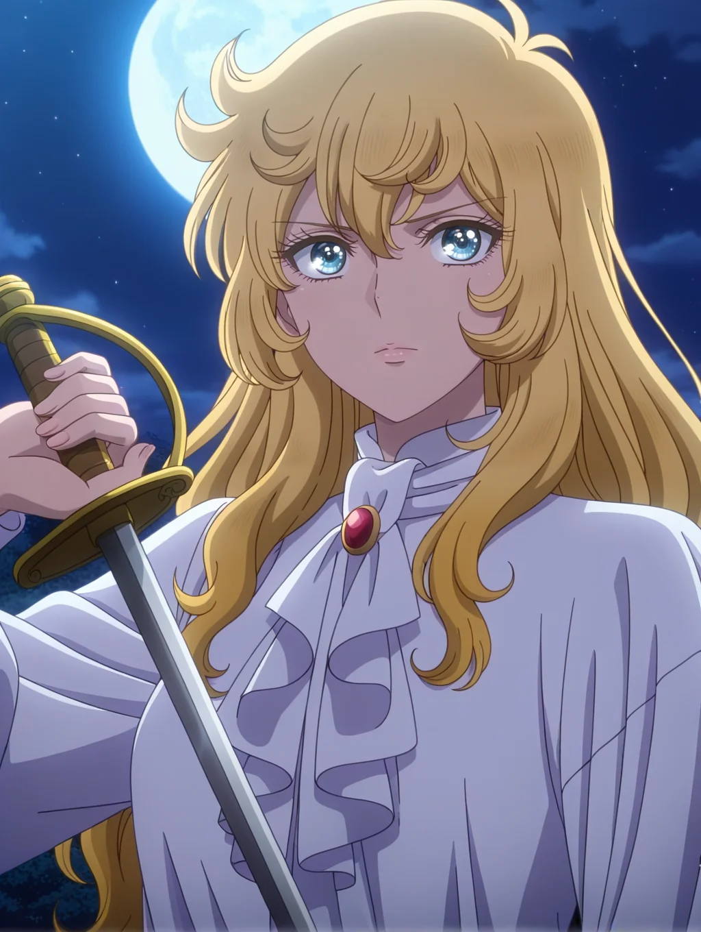 1girl, oscar francois de jarjayes, solo, moon, rapier, white ascot, holding rapier, official alternate costume, upper body, full moon, night sky, looking at viewer, white frilled shirt, anime coloring, official tv style,
masterpiece,best quality,amazing quality,very aesthetic,absurdres,newest,<lora:oscar_francois_de_jarjayes illusXL v1:0.72>,