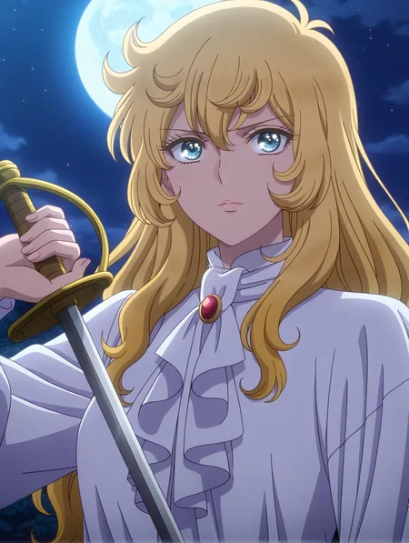 1girl, oscar francois de jarjayes, solo, moon, rapier, white ascot, holding rapier, official alternate costume, upper body, full moon, night sky, looking at viewer, white frilled shirt, anime coloring, official tv style,
masterpiece,best quality,amazing quality,very aesthetic,absurdres,newest,<lora:oscar_francois_de_jarjayes illusXL v1:0.72>,