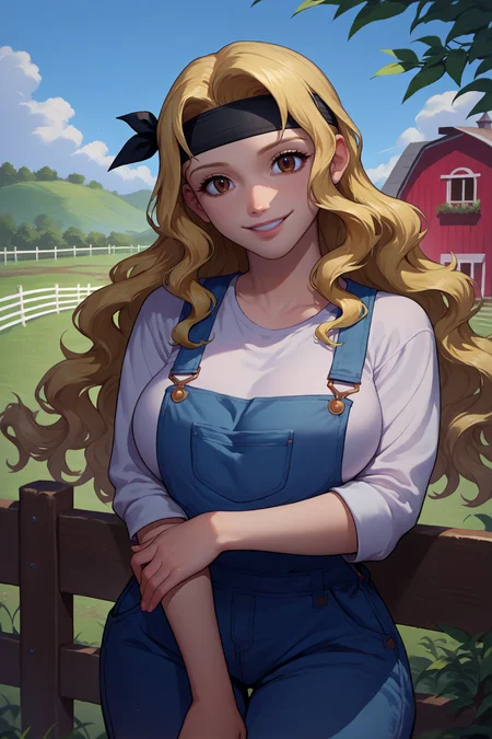 score_9, score_8_up, score_7_up, score_6_up, source_anime, 1girl, solo, <lora:febrigid-pdxl-nvwls-v1-000005:1> fe4br, blonde hair, wavy hair, long hair, brown eyes, black headband, large breasts, white shirt, blue overalls, happy, looking at you, fence, farm