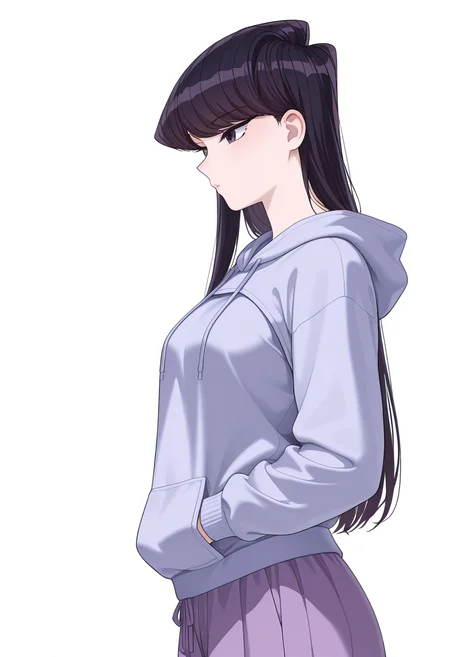 Smooth Quality,masterpiece,very intricate, high quality details, ultra realistic, high detailed skin,detailed enviorement,
simple background, white background,from side,x3,
 culottes,  ,zip-up hoodie, ,shrug,  , <lora:Komi_Shouko_cnn:0.8> komi shouko, 1girl,black hair, long hair, bangs, purple eyes,
