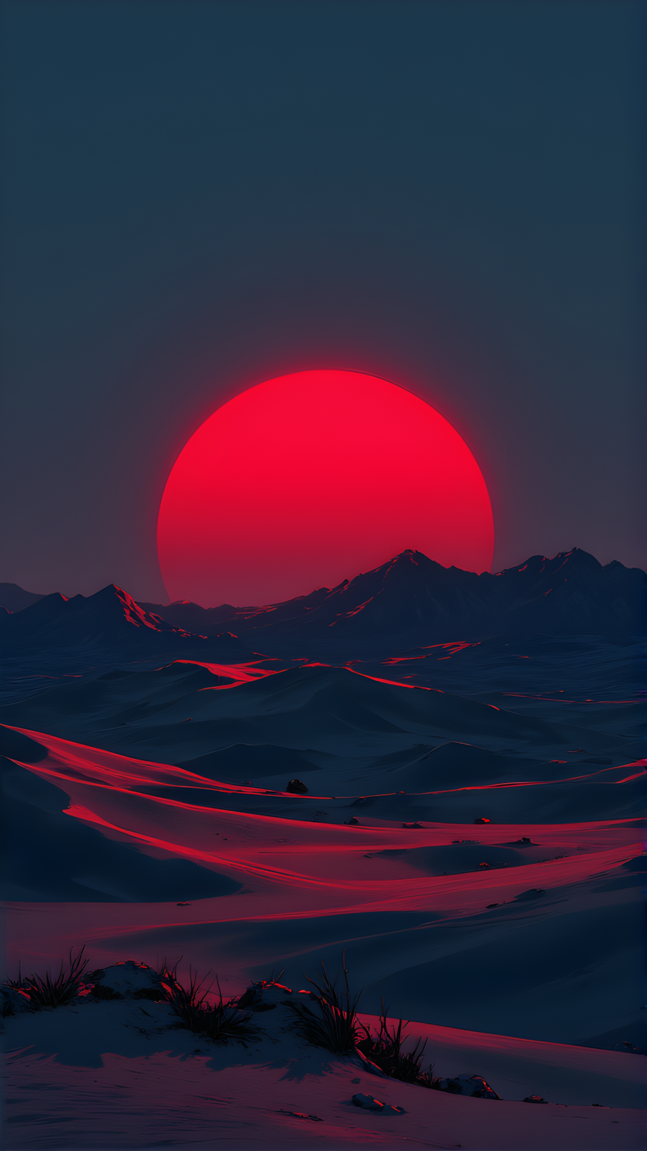 The image depicts a dramatic and surreal desert landscape under a vivid, blood-red sunset. The scene is characterized by smooth, undulating sand dunes that stretch across the foreground, their contours highlighted by the intense red light. The horizon features dark, silhouetted mountains or hills, which provide depth and contrast to the composition. At the center of the image, a large, glowing red sun dominates the sky, casting an otherworldly hue over the entire scene. The overall atmosphere is mysterious and haunting, blending elements of natural beauty with an eerie, almost apocalyptic ambiance. The stark color palette and minimalist design create a powerful visual impact, evoking feelings of isolation and wonder.
j_art, anime, anime art, <lora:FLUX\jul\J_Anime:0.7>, <lora:FLUX\RealAnime:0.7>