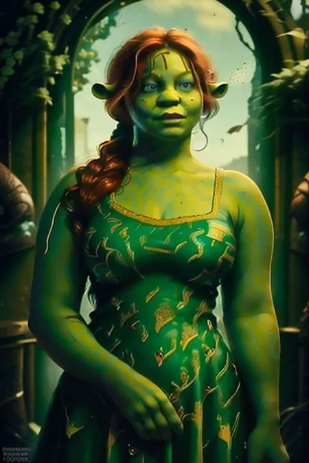 photorealistic, octane render, best quality, sharp focus, 8k, 4k, Masterpiece, Best Quality, realistic skin texture, extremely detailed, intricate, hyper detailed, illustration, soft lighting, high resolution, sharp detail, <lora:FionaOrc_character:0.8> FionaOrc, (Green skin, colored skin, pointy ears, monster girl, blue eyes, dress, red hair, orc female, thick, plump, curvy, freckles), (dress),portal