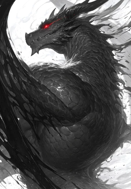 1boy, solo, western dragon, monster,ink painting, (null-ghost:0.6), (lindong:0.4), oil painting \(medium\), chiaroscuro,  brown skin, BREAK glowing red eyes, eye trail, BREAK dragon horn, wings, huge muscle, nude, dissolving, smoke, silhouette,upper body, from side, greyscale, (simple background, white background), BREAK masterpiece, best quality, amazing quality, very aesthetic, year 2024, newest, highres, absurdres