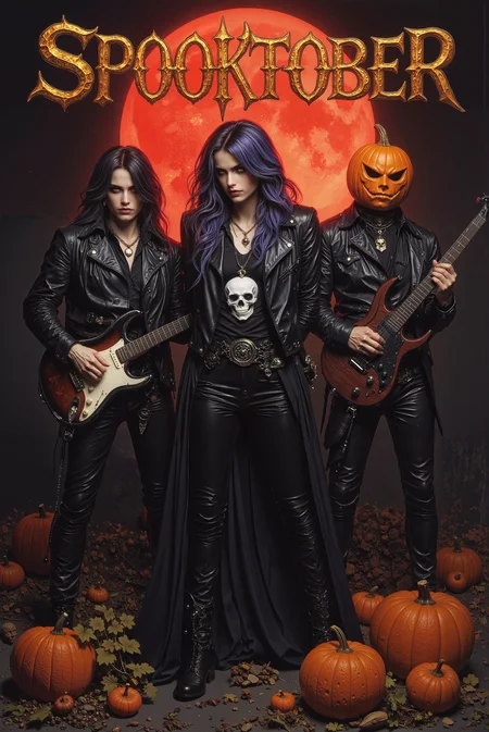 this is a highly detailed photograph of a vinyl record album cover featuring a rock band "SPOOKTOBER". At the top center,the band's name "SPOOKTOBER" is written in large,bold,stylized halloween letters. Overall style is m3talc0ver and vantablack,dnddarkestfantasy. Rock band is performing on a dark,rugged stage under a full red moon. The central figure is a female with long,curly blue and purple gradient hair,wearing black leather jacket and leather pants,she is wearing black shirt with white skull and looking straight at viewer. She is holding her hands behind her back. To her right,a female bassist with shorter,curly hair is dressed in black leather,including a leather jacket and black pants. She is playing a white edgy bass guitar. On the left,a male guitarist. He is wearing a pumpkin on his head completely covering his head. He playing an electric black guitar. The background is dominated by a large,full moon stylized to pumpking with a slightly reddish hue,casting a menacing glow over the stage. There are pumpkins with candles on the stage embracing halloween theme. # <lora:FLUX\FLUX.1-Turbo-Alpha\FLUX.1-Turbo-Alpha.safetensors:1> <lora:FLUX\Styles\Midjourney_Dark_Fantasy_FLUX_LoRA.safetensors:0.8> <lora:FLUX\Styles\- Flux1 - vanta_black_V2.0.safetensors:0.8> <lora:MyTrainings\Test\Metal_Album_Covers_F1D_ARZUMATA.safetensors:0.8> <lora:FLUX\Styles\DnDDarkestFantasy.safetensors:0.6>