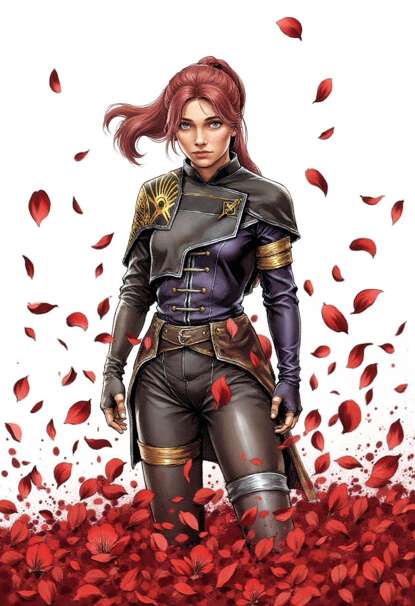 comic book sketch of Maelle, a girl with auburn hair pulled back into a ponytail, she wears intricate leather armor, looking at the viewer while red flower petals swirl all around her