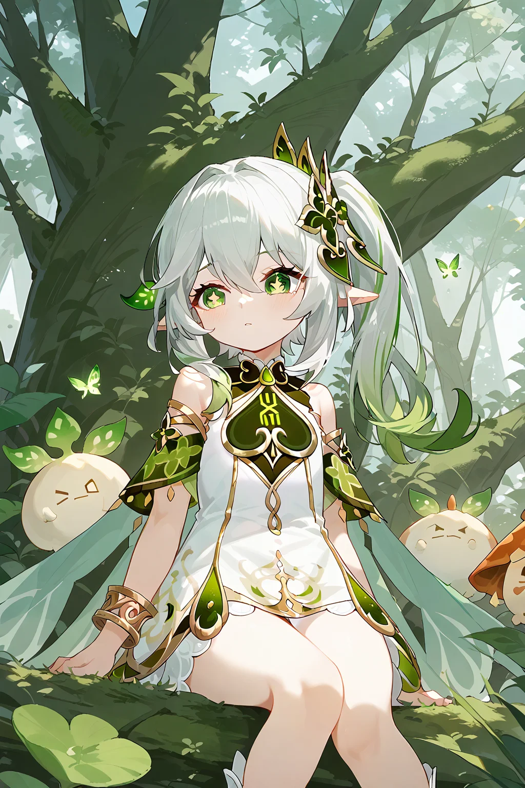 (score_9,score_8_up,score_7_up),<lora:Nahida(genshin impact)-v1:1>,Nahida(genshin impact),1girl,nahida (genshin impact),solo,green eyes,pointy ears,hair ornament,long hair,side ponytail,dress,sitting,multicolored hair,bracelet,white dress,tree,jewelry,bangs,gradient hair,white hair,sidelocks,green hair,symbol-shaped pupils,cape,green cape,detached sleeves,outdoors,short sleeves,looking away,hair between eyes,grey hair,cross-shaped pupils,leaf hair ornament,bare shoulders,nature,
good feet,anime,NSFW,expressive,amazing quality,ultra hd 32k,