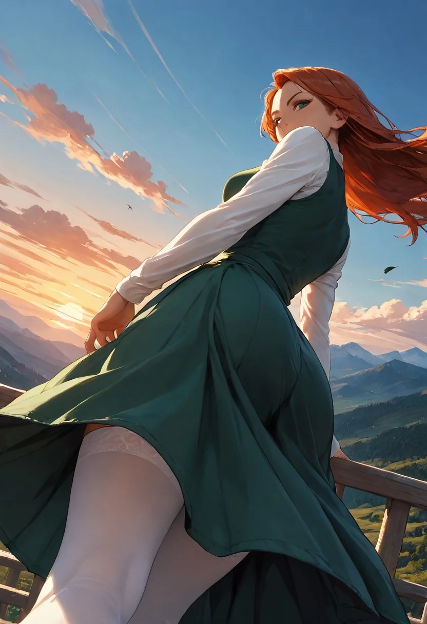 (score_9, score_8_up, score_7_up), zPDXL3, (drawn, wide hips:1.3),1girl, solo, medium breasts, redhead, 
green eyes, long hair, green dress, from above, sunset, dynamic lighting, sundress, sleeves, (white thighhighs, ass:1.2),
(outdoors, mountains, river:0.8),  (face focus, close-up:1.5),
looking at viewer,
(dutch angle, from side, leaning on railguard, standing, leaning onto object, from below, hands forward, wind, windy skirt:1.3), 
smug,