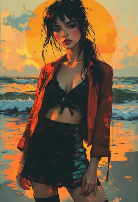 midjourney_whisper_avant_couture, OBxiaoxiang, inksplash portrait of stunning oriental woman, short cropped blouse with ribbon, long dark skirt with patterns, red leather jacket, blue thigh-highs, direct gaze, light hitting one side of face, sunset on beach