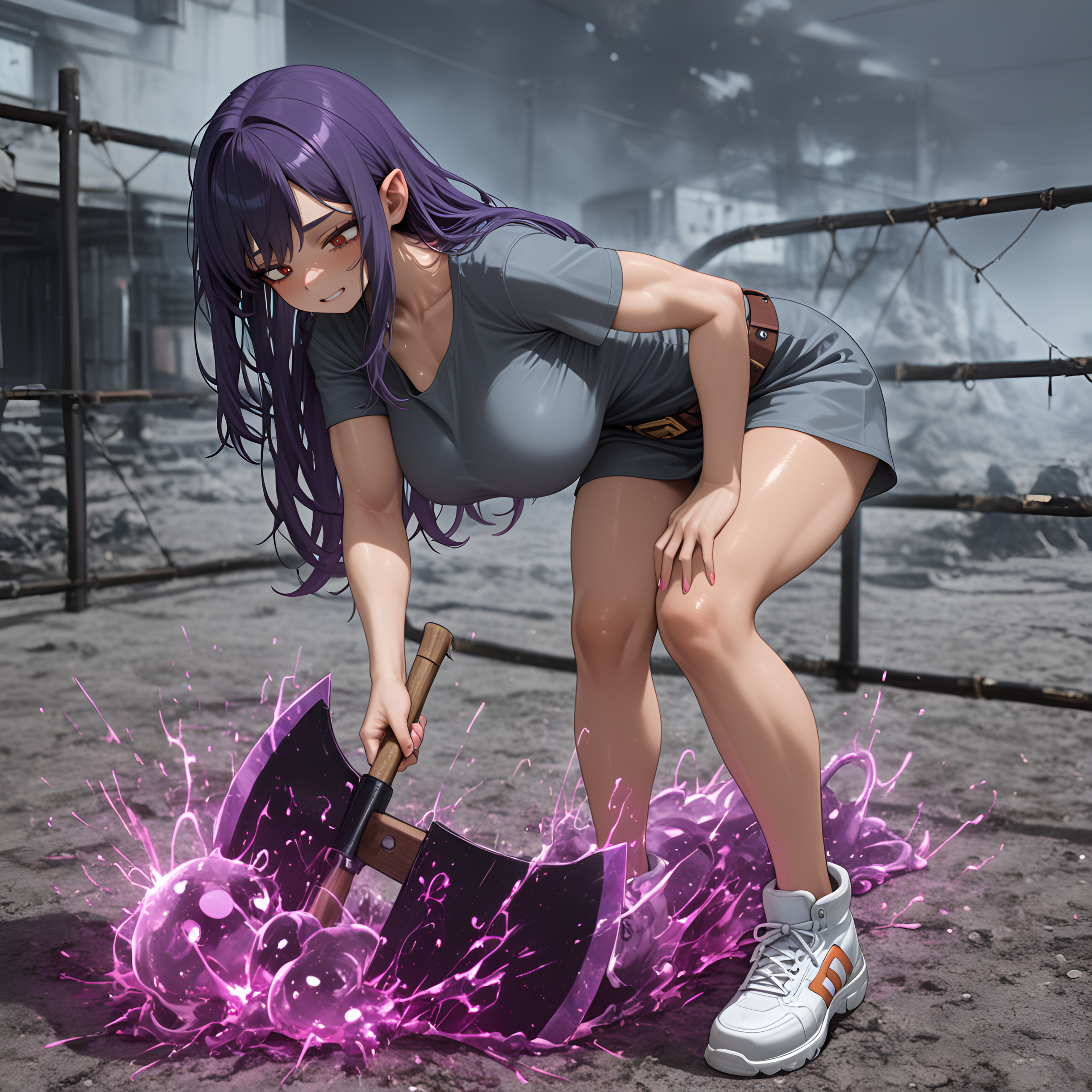 communication attempts, elemental intelligence, slime_(creature), tan skin, sandals, best quality, lean muscle, slime, ambient occlusion, depth of field, long_nails, 8K, leather belt, weather researcher outpost, RTX, newest, ultra-detailed, Leaning forward with hands on knees, large breasts, Patient expression, very aesthetic, Artfully tousled, environment manipulation, elf, masterpiece, Gray t-shirt dress, motion_lines:1.1, anime character, Diagonal view, blurry foreground, absolutely eye-catching, long hair, chaotic atmospheric lighting, containing fence line, Purple hair, sentient whirlwind migration, dreamcore, swinging massive guitar axe like a true weapon, hanging breasts, motion_blur:1.1, dust devil consciousness, Ochaco Uraraka (My Hero Academia), absurdres, Speed Lines / Action Lines, 1girl, amazing quality, 2boys, unpredictable movement, nail_polish, seasonal tracking, Fuchsia Theme, white sneakers, magic glowing aura