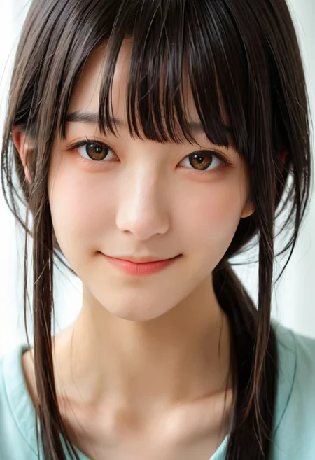 young Chinese woman, photograph, photorealistic, tilted head, seductive stare, upper body and chest focus, long bangs, beautiful, beautiful face, small nose, closed mouth, closed mouth smile, black hair, black pupils, close up, looking at viewer, from front:1.2,