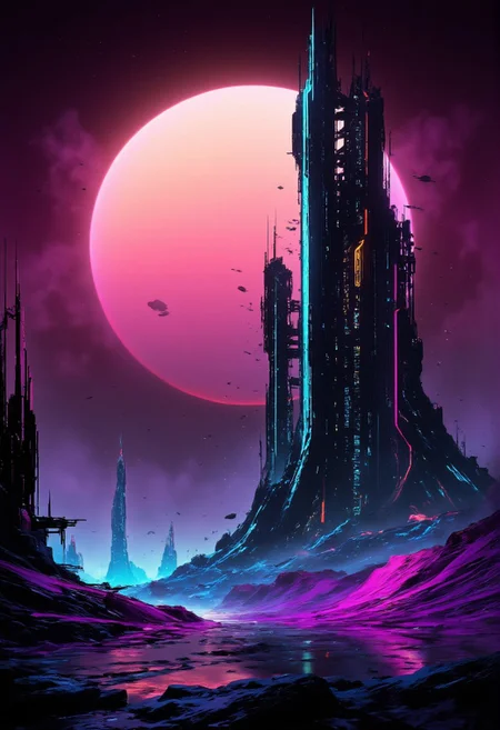 detailed photorealistic image, gradient of vibrant neon colours, sci-fi towers and skyscrapers in a futuristic alien cityscape, sunset, mist