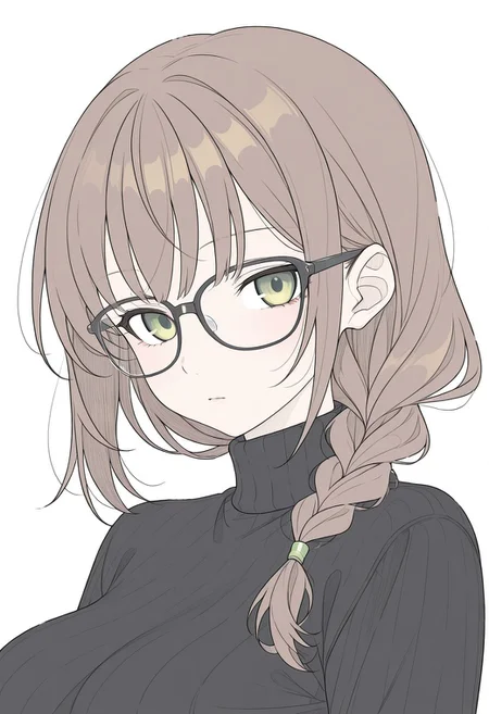 {{masterpiece,best quality,amazing quality,absurdres}}, {{flat shading, cel shading}}
BREAK
1girl, solo, upper body, simple background, portrait, looking at viewer, brown hair, single braid, bangs, green eyes, black glasses, large breasts, black sweater, turtleneck