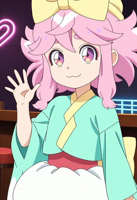 1girl, maro, pink hair, medium hair, purple eyes, multicolored eyes, hikimayu, hat ribbon, makeup, aqua kimono, red obi, puffy shorts, back ribbon, :3,
little smile, closed mouth, looking at viewer, standing, cowboy shot, looking at viewer, hand up, waving, general,
indoors, bar, dark background, dark, neon lights,
masterpiece, best quality, ultra-detailed, very aesthetic, illustration, perfect composition, intricate details, absurdres, official art, official style, source_anime, anime screencap, anime coloring, newest, intricate, hires textures, high detail, 4k, incredibly detailed, perfect anatomy, UHD, 8K,
<> <lora:msw-maro_XL(ill01)v10d:1>