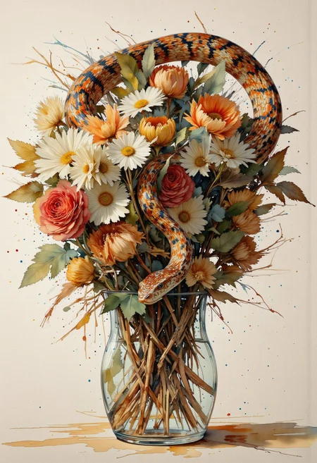 score_9, score_8_up, score_7_up, 8k high quality digital painting, masterpiece, very detailed, ultra realistic, (best quality) very detailed epic masterpiece, we see a colorful bouquet of flowers through which a poisonous snake crawls and aggressively opens its mouth, dangerous, watercolor, water colors, the edges blend into the white of the paper,, watercolor, water colors, the edges blend into the white of the paper, realistic, realism, full body